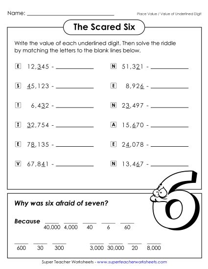 Place Value - Scared Six (5-Digit Place Value) (Printable PDF Worksheet)