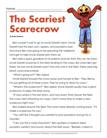 Fiction Stories - Scariest Scarecrow (Fiction) (Printable PDF Worksheet)