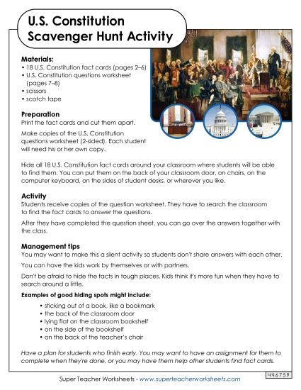 Worksheets and Activities - Scavenger Hunt Card Game: U.S. Constitution (Printable PDF Worksheet)