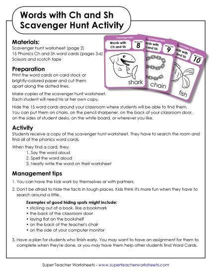 Ch and Sh Mixed - Scavenger Hunt (CH and SH Words) (Printable PDF Worksheet)