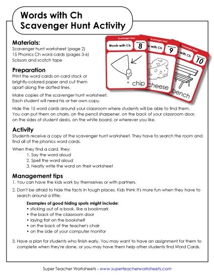 Games & Learning Centers - Scavenger Hunt (CH Words) (Printable PDF Worksheet)