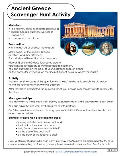 Classroom Activities - Scavenger Hunt Class Game: Ancient Greece (Printable PDF Worksheet)