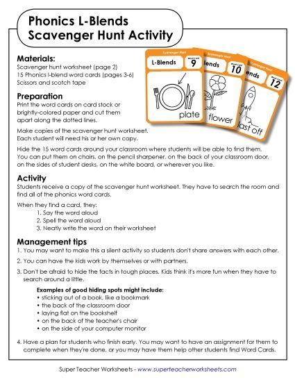 Cards & Games - Scavenger Hunt: L-Blends (Printable PDF Worksheet)