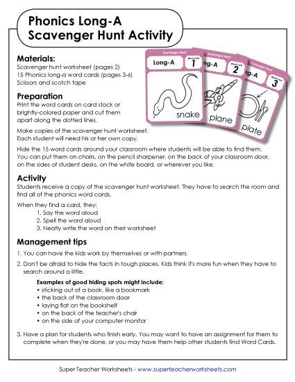Games & Learning Centers - Scavenger Hunt: Long A (Printable PDF Worksheet)