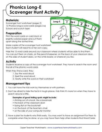 Games & Learning Centers - Scavenger Hunt: Long E (Printable PDF Worksheet)