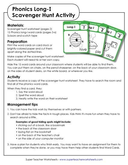 Games & Learning Centers - Scavenger Hunt: Long I (Printable PDF Worksheet)
