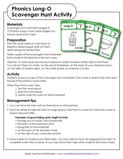 Games & Learning Centers - Scavenger Hunt: Long O (Printable PDF Worksheet)