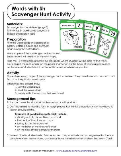 Games & Learning Centers - Scavenger Hunt (SH Words) (Printable PDF Worksheet)