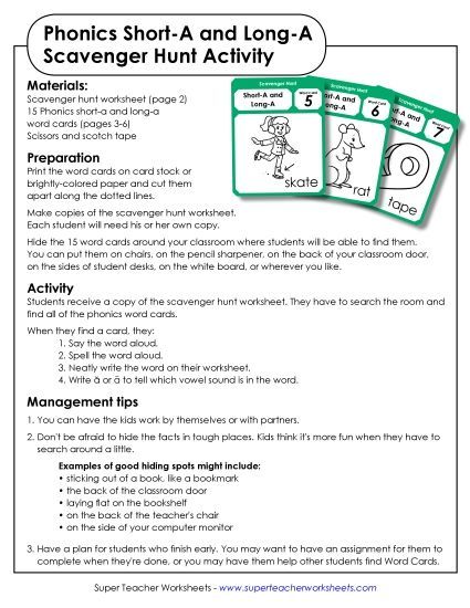 Scavenger Hunt: Short A and Long A (Printable PDF Worksheet)