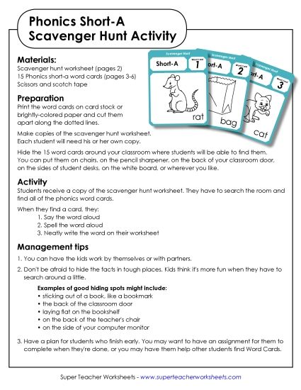 Games & Learning Centers - Scavenger Hunt: Short A (Printable PDF Worksheet)