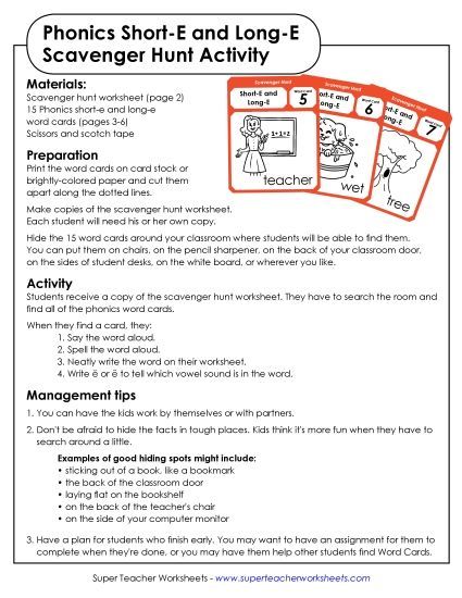 Scavenger Hunt: Short E and Long E (Printable PDF Worksheet)