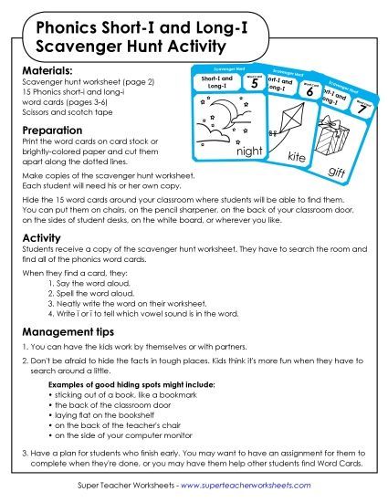Scavenger Hunt: Short I and Long I (Printable PDF Worksheet)