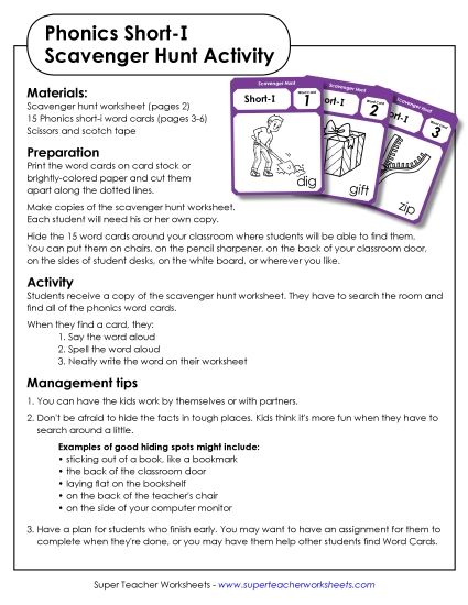 Games and Learning Centers - Scavenger Hunt:  Short I (Printable PDF Worksheet)