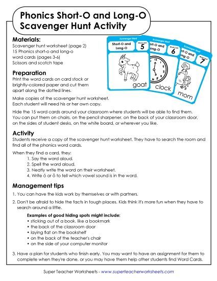 Scavenger Hunt: Short O and Long O (Printable PDF Worksheet)