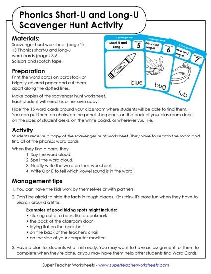 Scavenger Hunt: Short U and Long U (Printable PDF Worksheet)