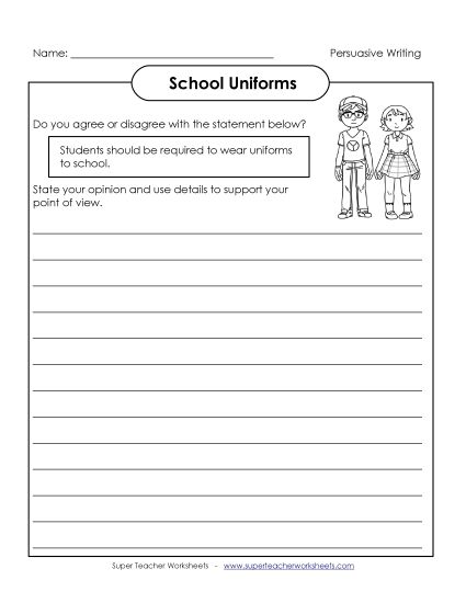 Persuasive Writing Topics - School Uniforms (Printable PDF Worksheet)