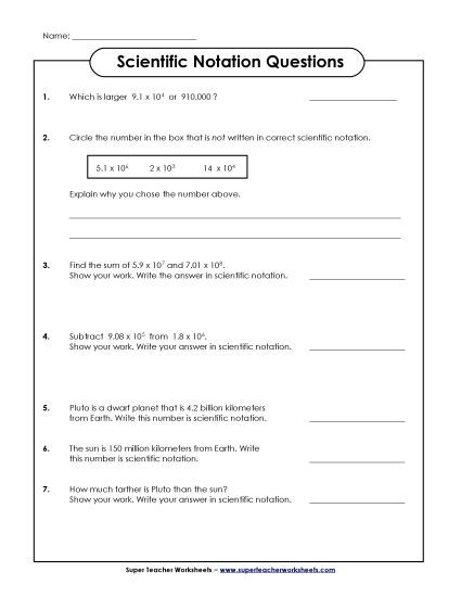 Level: Intermediate Includes Decimals - Sci. Notation Questions (Intermediate) (Printable PDF Worksheet)