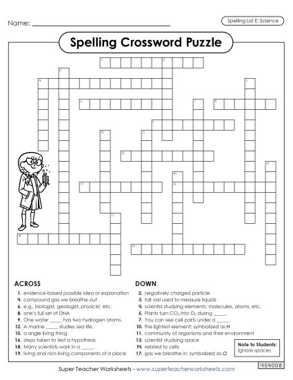 Worksheets and Activities - Science Spelling Crossword (Printable PDF Worksheet)