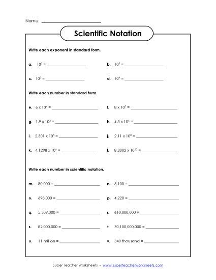 Level: Intermediate Includes Decimals - Scientific Notation: Intermediate (Printable PDF Worksheet)