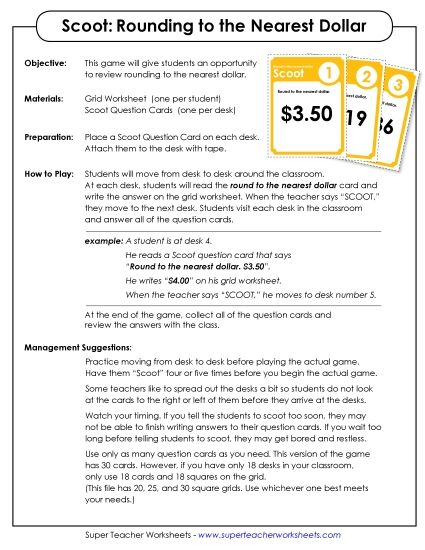 Money Rounding (Nearest Dollar) - Scoot Class Game: Rounding to Nearest Dollar (Printable PDF Worksheet)