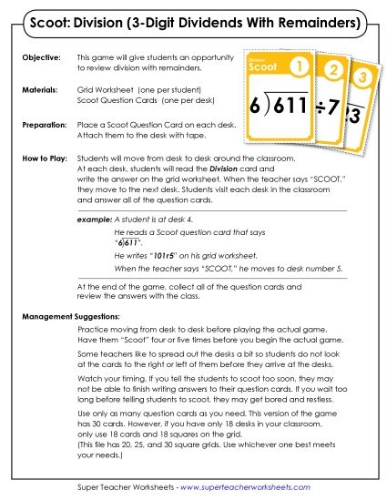 3-Digit Dividends - Scoot! Classroom Game: 3-Digit Dividends with Remainders (Printable PDF Worksheet)