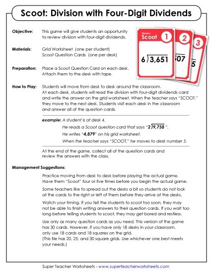 4-Digit Dividends - Scoot Classroom Game: Division (4-Digit Dividends) (Printable PDF Worksheet)