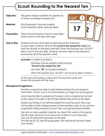 Nearest Ten 2-Digit Numbers - Scoot Game: Rounding (Nearest 10) (Printable PDF Worksheet)