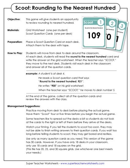 Nearest Hundred (3-Digit Numbers Only) - Scoot Game: Rounding (Nearest 100) (Printable PDF Worksheet)