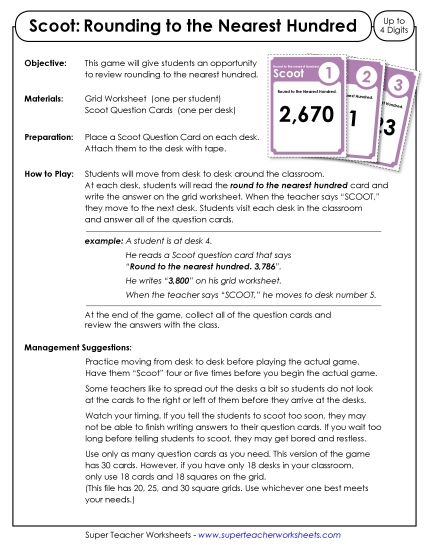Nearest Hundred (3 and 4-Digit Numbers) - Scoot Game: Rounding to Nearest Hundred (Up to 4 Digits) (Printable PDF Worksheet)
