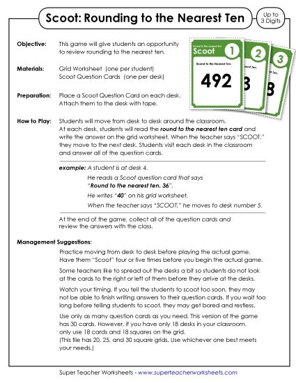 Nearest Ten (2 and 3-Digit Numbers) - Scoot Game: Rounding to Nearest Ten (Up to 3 Digits) (Printable PDF Worksheet)