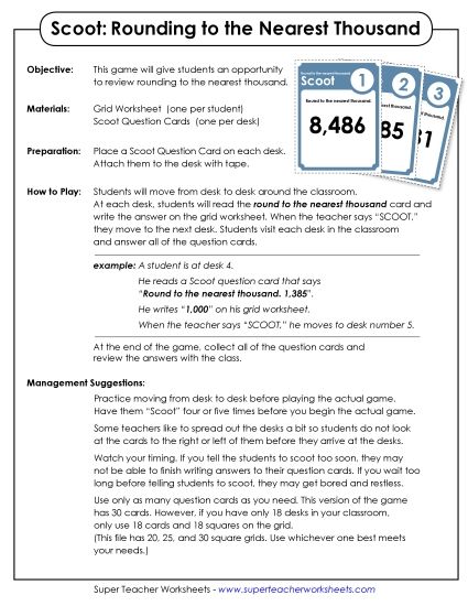 Nearest Thousand - Scoot! Game: Rounding to Nearest Thousand (Printable PDF Worksheet)
