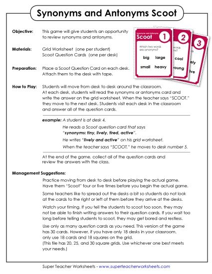 Mixed Synonyms & Antonyms - Scoot Game: Synonyms & Antonyms (Printable PDF Worksheet)