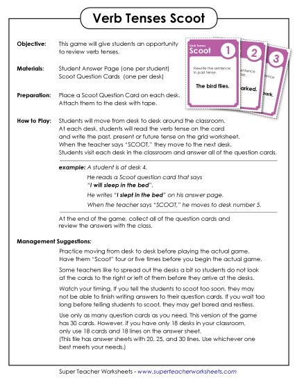 Verb Tenses - Scoot Game: Verb Tenses (Printable PDF Worksheet)