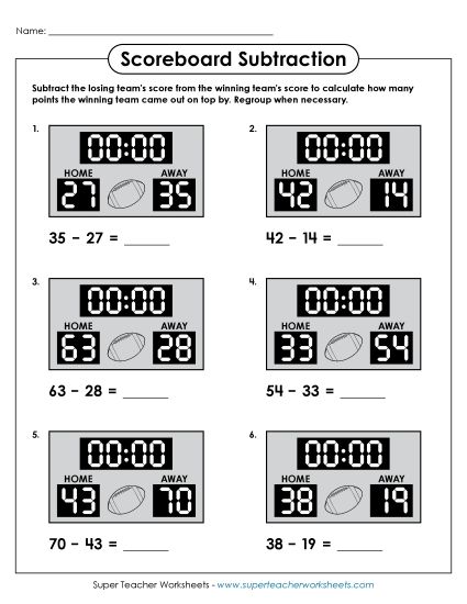Football Math - Scoreboard Subtraction (2-Digit Subtraction) (Printable PDF Worksheet)