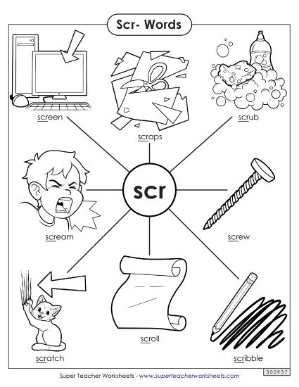 Phonics Blends and Digraphs - Scr- Words (Printable PDF Worksheet)