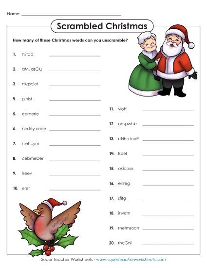 Christmas Word Puzzles - Scrambled Christmas (Printable PDF Worksheet)