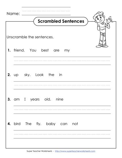 Worksheets - Scrambled Sentences (A-10) (Printable PDF Worksheet)