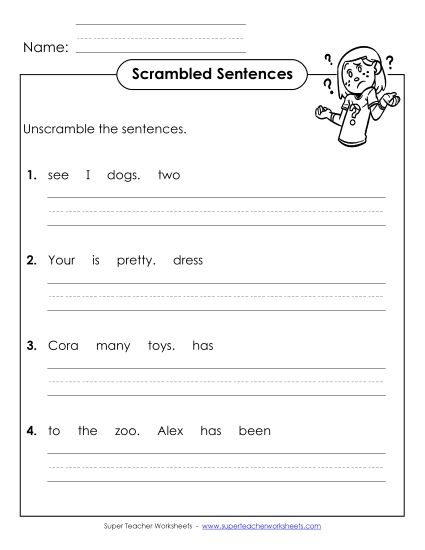 Worksheets - Scrambled Sentences (A-18) (Printable PDF Worksheet)