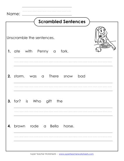 Worksheets - Scrambled Sentences (A-28) (Printable PDF Worksheet)