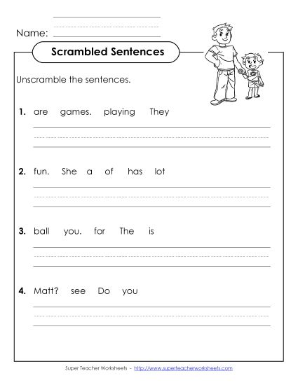 Worksheets - Scrambled Sentences (A-6) (Printable PDF Worksheet)