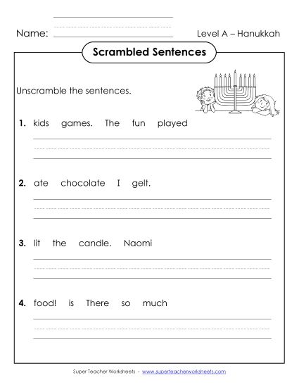 Worksheets and Activities - Scrambled Sentences (A-Hanukkah)  (Printable PDF Worksheet)
