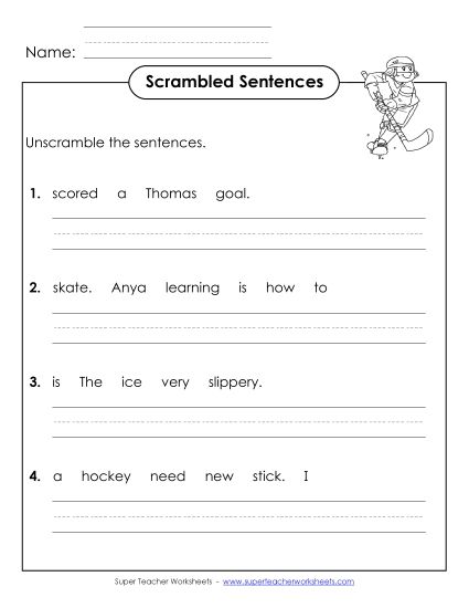 Worksheets and Activities - Scrambled Sentences (A-Hockey Words) (Printable PDF Worksheet)