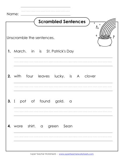Worksheets - Scrambled Sentences (A-St. Patrick's Day)  (Printable PDF Worksheet)