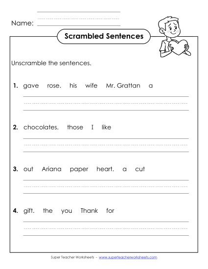 Worksheets and Activities - Scrambled Sentences (A-Valentine's Day)  (Printable PDF Worksheet)