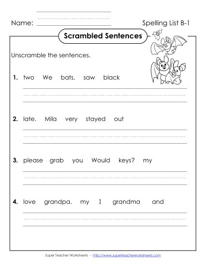 Worksheets - Scrambled Sentences (B-1) (Printable PDF Worksheet)