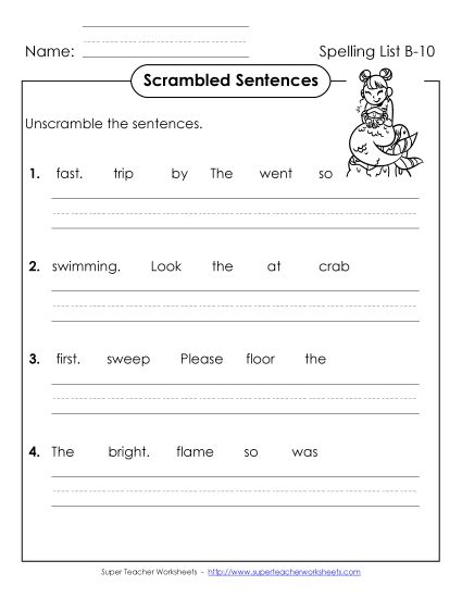 Worksheets - Scrambled Sentences (B-10) (Printable PDF Worksheet)