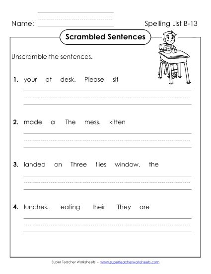 Worksheets - Scrambled Sentences (B-13) (Printable PDF Worksheet)