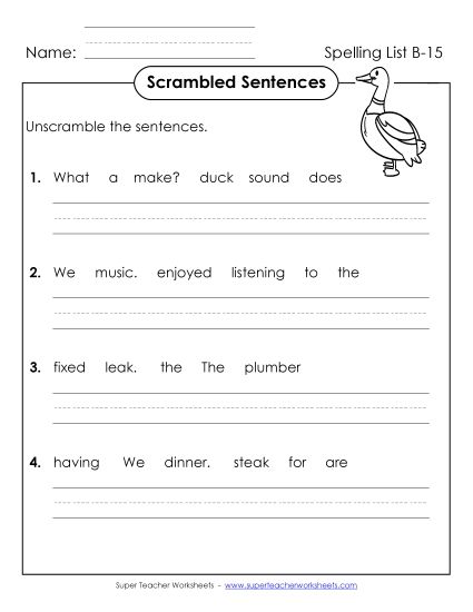 Worksheets - Scrambled Sentences (B-15) (Printable PDF Worksheet)