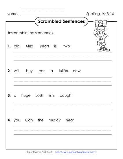 Worksheets - Scrambled Sentences (B-16) (Printable PDF Worksheet)