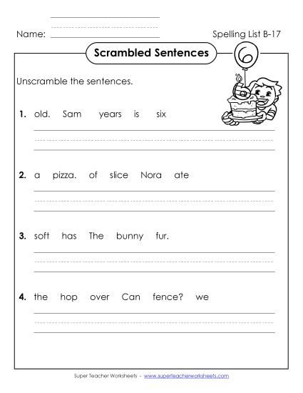 Worksheets - Scrambled Sentences (B-17) (Printable PDF Worksheet)